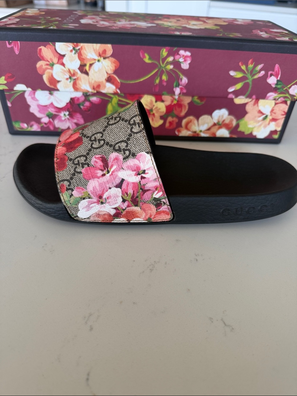 Real Gucci Floral GG Canvas Slide Sandals - Pink, Green - Picture 3 of 8